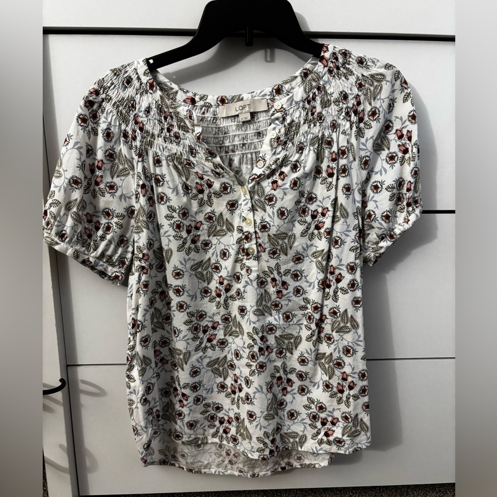 LOFT Floral Blouse with Pink and Green Accents